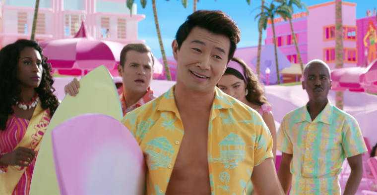 From left, Issa Rae, Scott Evans, Simu Liu, Emma Mackey and Ncuti Gatwa in "Barbie." 