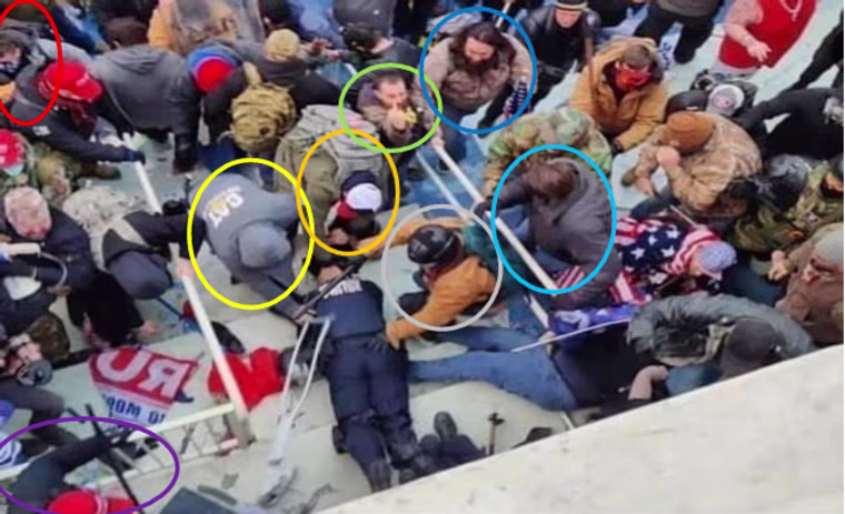An aerial photograph was taken as members of the mob at the Capitol dragged a police officer down stairs and into the crowd. Peter Stager, top, is circled in dark blue. Others circled are also defendants. 