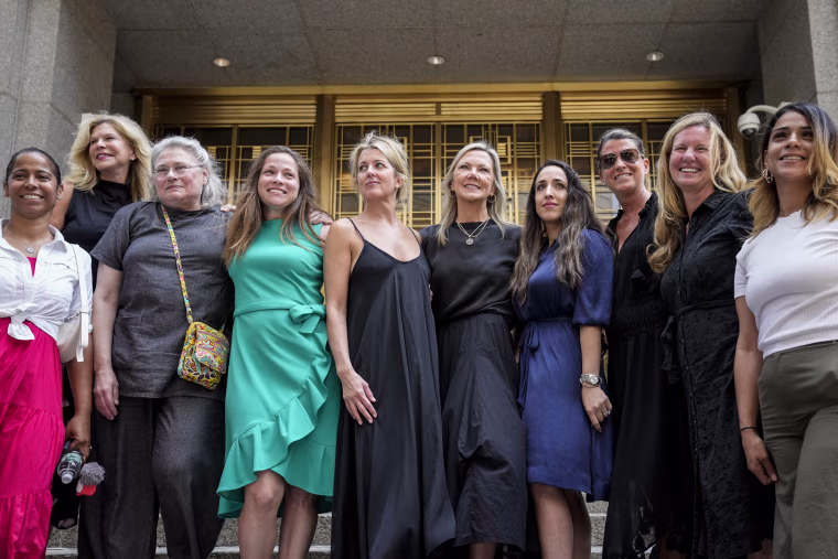 Image: Sexual assault victims after sentencing proceedings concluded for convicted sex offender Robert Hadden outside Federal Court on July 25, 2023, in New York.