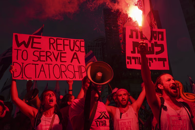 Israelis protest plans by Prime Minister Benjamin Netanyahu's government to overhaul the judicial system in Tel Aviv, Israel, Saturday, July 29, 2023.