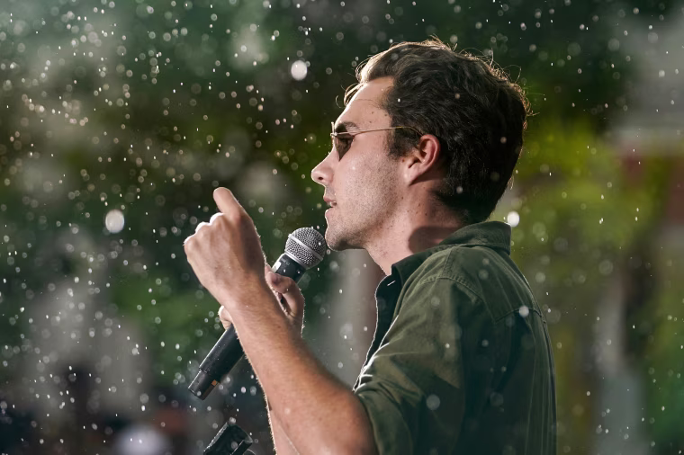 David Hogg speaks at a rally in Florida in 2023.