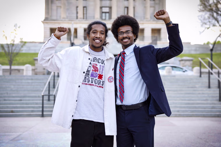 Tennessee State Representatives Justin Jones and Justin J. Pearson during a demonstration on April 18, 2023 in Nashville, Tenn.