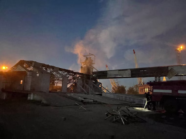 A damaged building at a port in Odesa, Ukraine, after a night drone attack on Aug. 2, 2023.