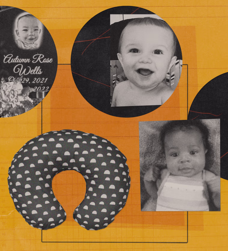 Photo illustration of babies who died after accidents involving nursing pillows and the Boppy Original Support Nursing Pillow.
