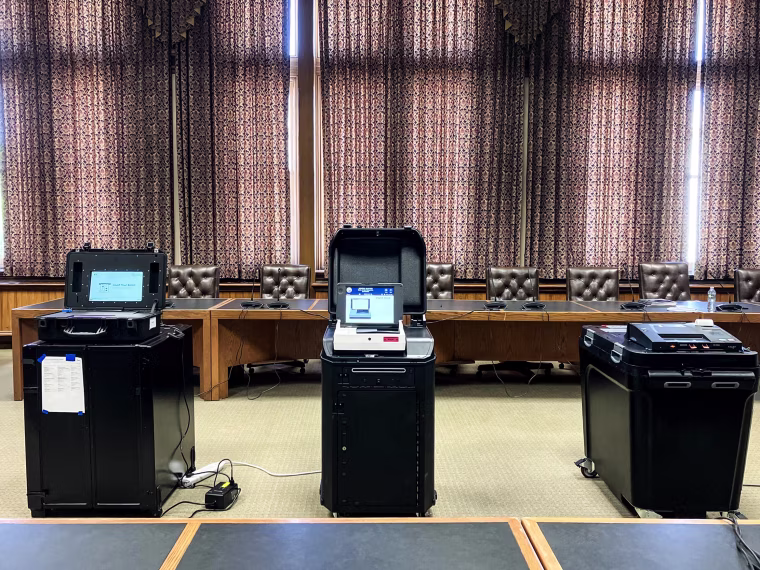 Vote-counting machines at a public demonstration in Concord, N.H. on Aug. 3, 2023.