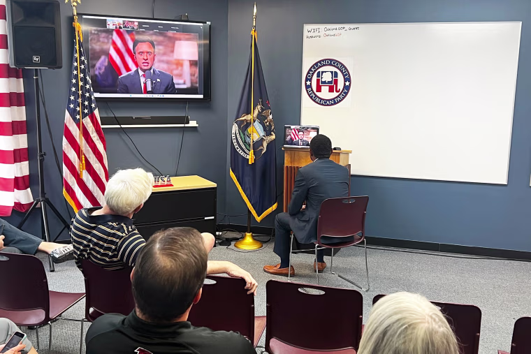 Vivek Ramaswamy appears virtually at a campaign event on Aug. 7, 2023.