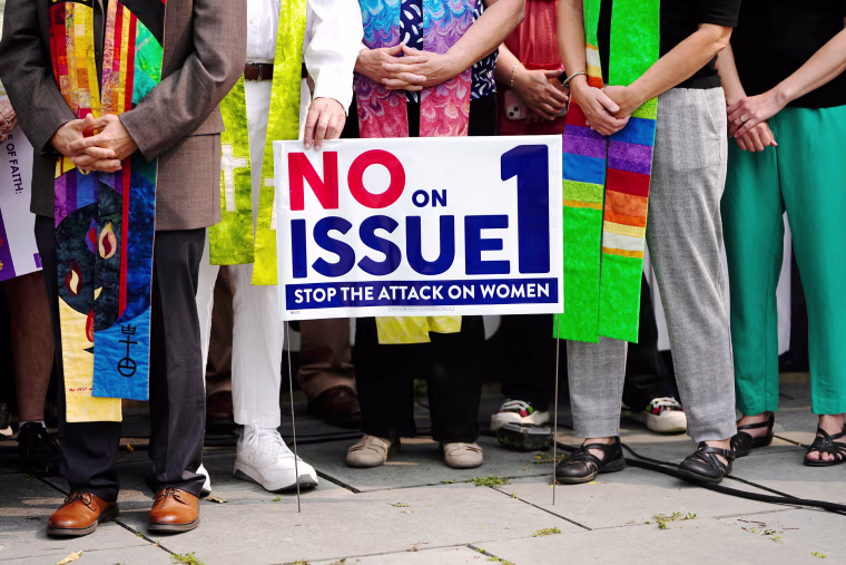Aug 2, 2023; Columbus, Ohio, USA; Multidenominational faith leaders from the Greater Columbus area gather to speak out against Issue 1 in a “Faith Votes No” rally at Washington Gladden Social Justice Park downtown.