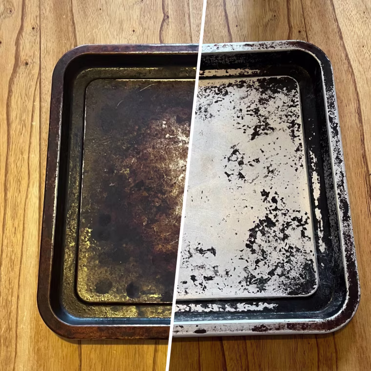 Writer Emma Stessman tries Bar Keepers Friend Cleanser on a pan.