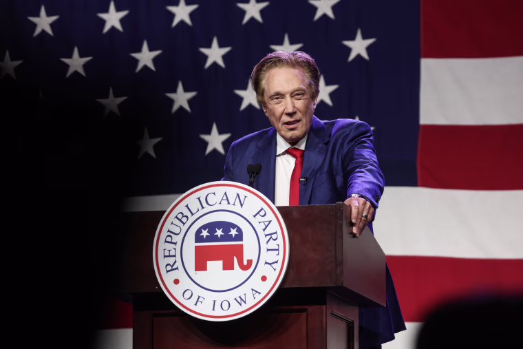 Republican presidential candidate businessman Perry Johnson speaks to guests in Des Moines, Iowa on July 28, 2023. 