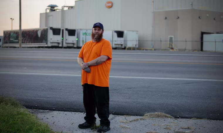 Tyson plant worker David Handy in front of the poultry processing plant in Noel, Mo.