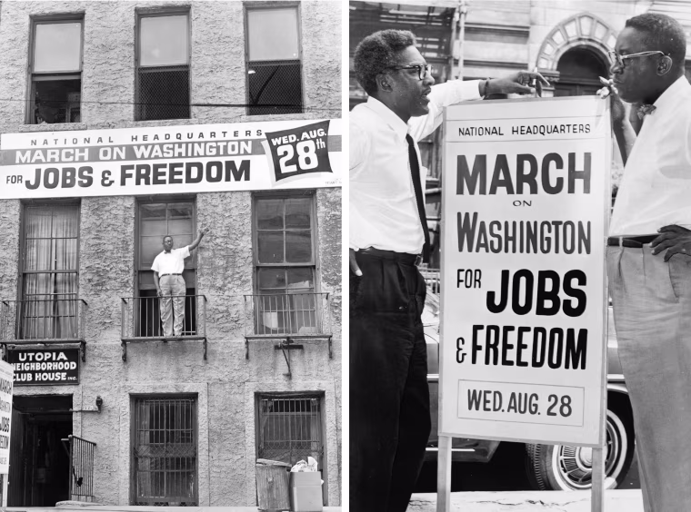 Cleveland Robinson on second floor balcony of the National Headquarters of the March on Washington in Harlem announcing the march, left, and  Robinson with Bayard Rustin, one of the organizers of the march, in Harlem.