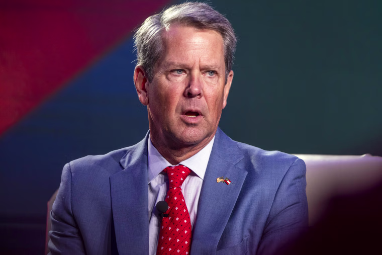 Brian Kemp, governor of Georgia, speaks during Erick Erickson's The Gathering event in Atlanta, Georgia, US, on Friday, Aug. 18, 2023. Republican presidential hopefuls are converging for a meeting of conservative activists, a chance to test their message before next week's debate and court voters.