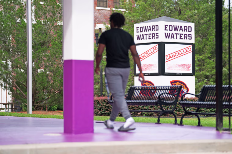 A sign at Edward Waters University shares a message about a prayer vigil on Aug. 28, 2023 in Jacksonville, Fla.