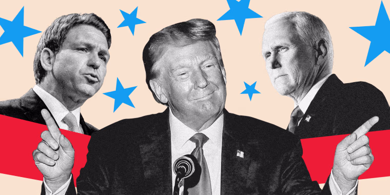 Collage of Ron DeSantis, Donald Trump, and Mike Pence