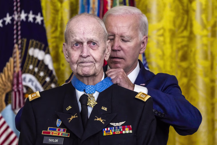 Image: President Joe Biden awards the Medal of Honor to Capt. Larry Taylor, an Army pilot from the Vietnam War who risked his life to rescue a reconnaissance team that was about to be overrun by the enemy, during a ceremony on Sept. 5, 2023, in the East Room of the White House.