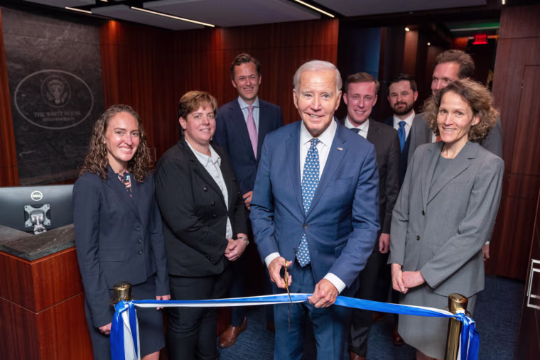 President Joe Biden attends a ribbon cutting for the renovated White House Situation Room on Tuesday.