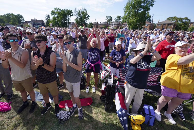 A crowd cheers during an anti-abortion "rosary rally" in Norwood, Ohio
