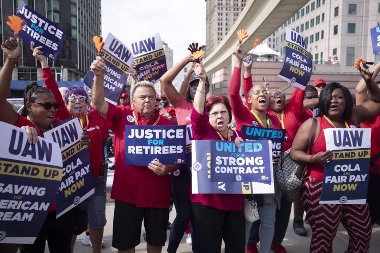 United Auto Workers members attend a solidarity rally as the UAW strikes the Big Three automakers on September 15, 2023 in Detroit, Michigan. This is the first time in history that the UAW is striking all three of the Big Three automakers, Ford, General Motors, and Stellantis, at the same time.