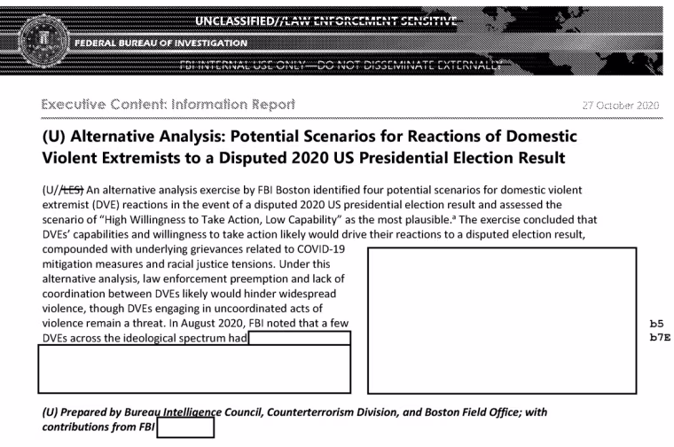 An FBI report showing the potential for violence after the result of the 2020 election.
