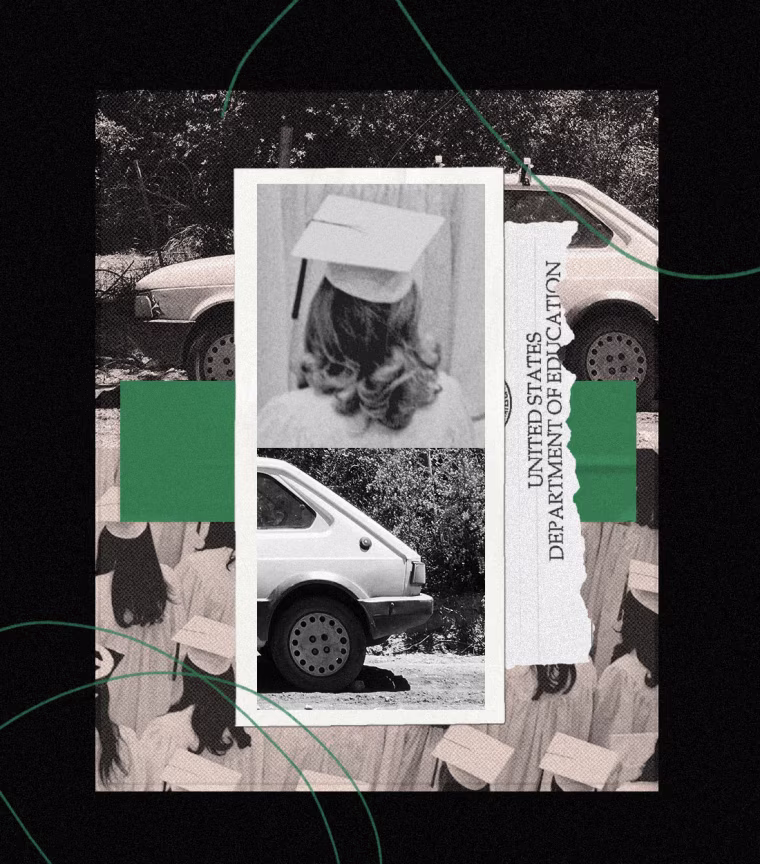 Collage of graduation photos and an old car