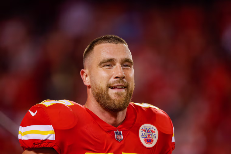 Travis Kelce during pregame warmups at Arrowhead Stadium in Kansas City, Mo.