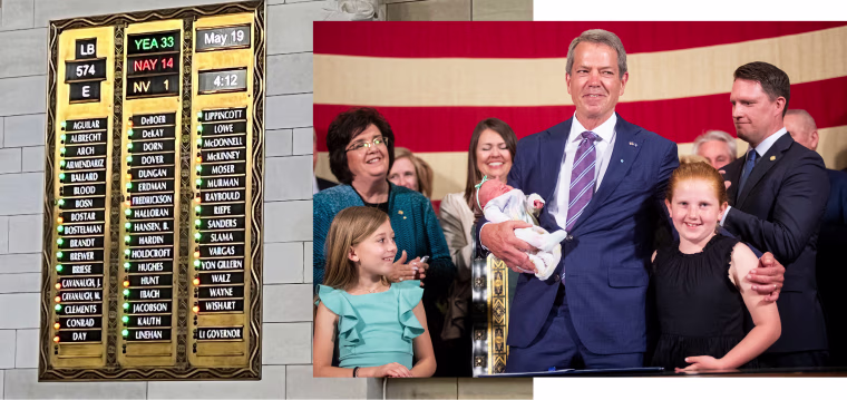 A board in the Nebraska legislature shows the end of a debate on a bill that bans abortion at 12 weeks and gender-affirming care for minors. Nebraska Gov. Jim Pillen holds a newborn at a ceremony for the signing of that bi.