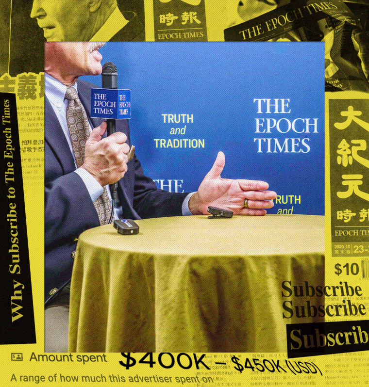 Photo illustration of a man speaking at an Epoch Times table at CPAC, and various clippings from The Epoch Times newspaper and website.