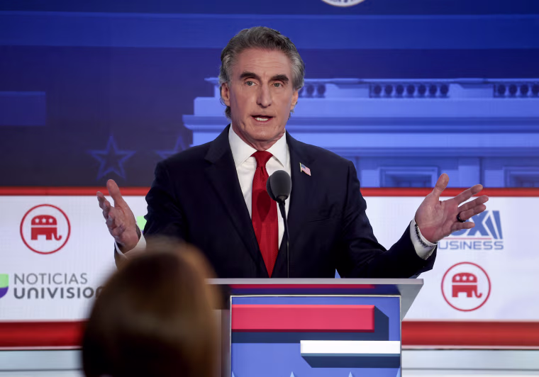 Republican presidential candidate North Dakota Gov. Doug Burgum delivers remarks during the FOX Business Republican Primary Debate in Simi Valley, Calif. on Sept. 27, 2023. 