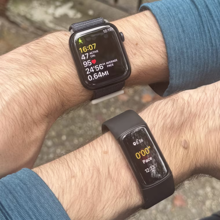 I wore the Apple Watch Series 9 (top) and Fitbit Charge 6 (bottom) during outdoor walks and runs.