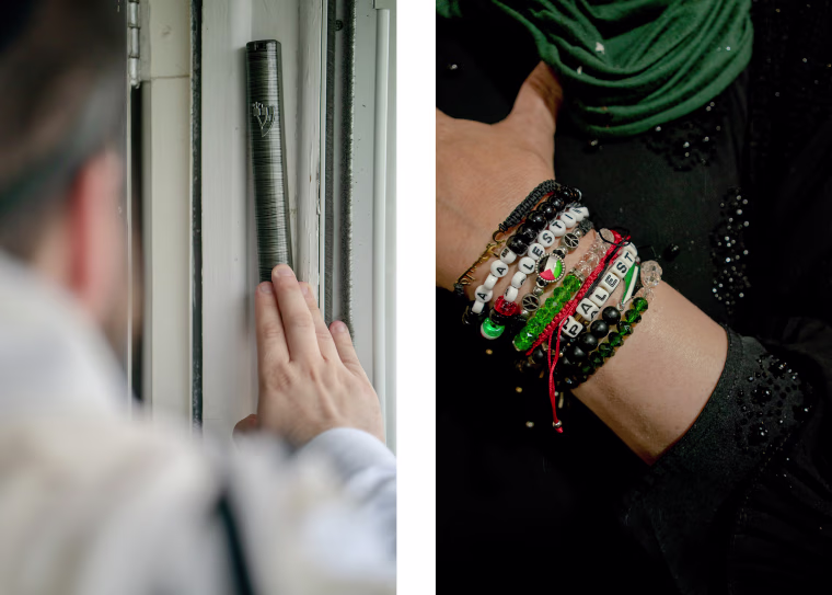 Avraham Shaya Eisenman, left, touches a mezuzah. Right, a detail of bracelets of an attendee at a healing and empowerment event at the Palestinian American Community Center.
