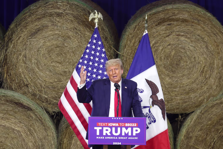 Donald Trump speaks during a campaign event in Adel, Iowa, on Oct. 16, 2023.