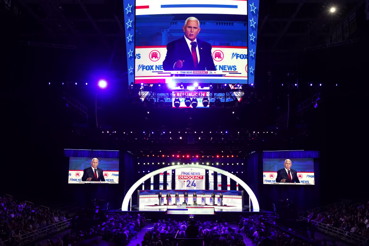 Former Vice President Mike Pence speaks during the Republican primary presidential debate