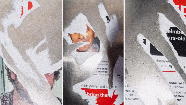 Messages of Israelis kidnapped by Hamas created by artist Nitzan Mintz to raise awareness of the victims of Hamas, were torn off in NYC. Nov. 7, 2023.