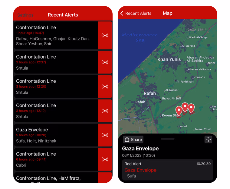 Screen grabs from Tzofar app