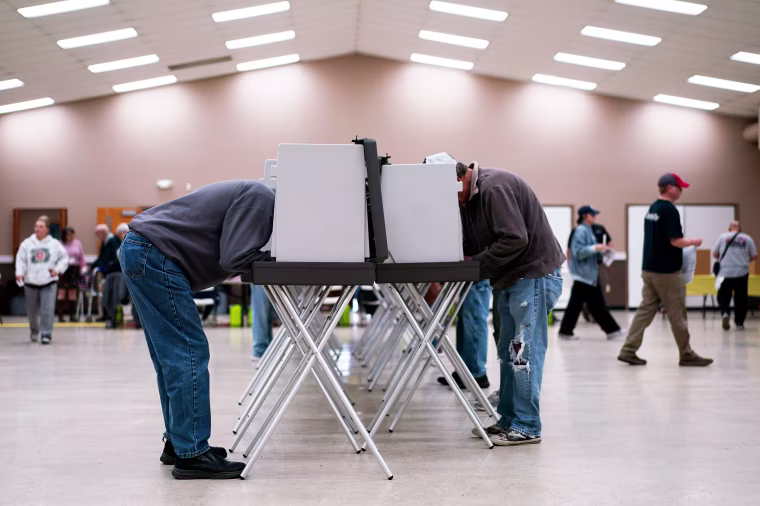 Voters fill out ballots in Wilmington, Ohio, on Nov. 7, 2023. 