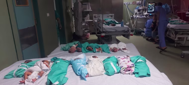 Babies wrapped in blankets in a photo taken by Dr. Marwan Abusada, a surgeon at Al-Shifa Hospital in Gaza City.
