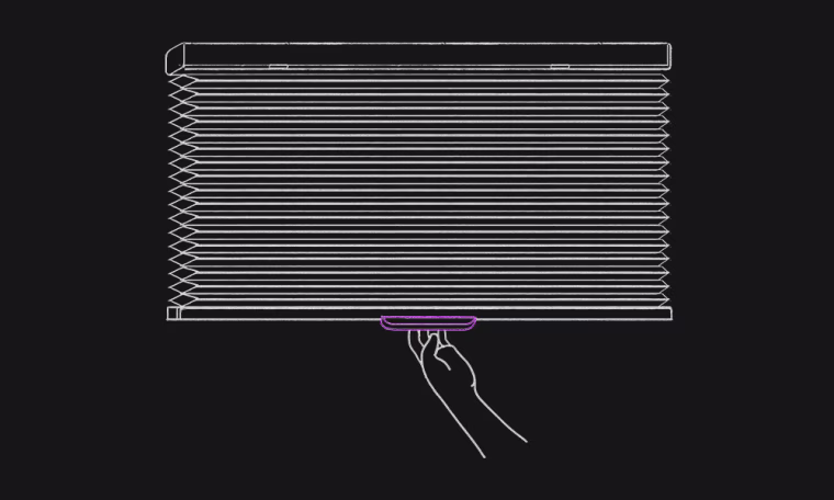 Drawn illustration of cordless window blinds, with a hand pulling on a handle.