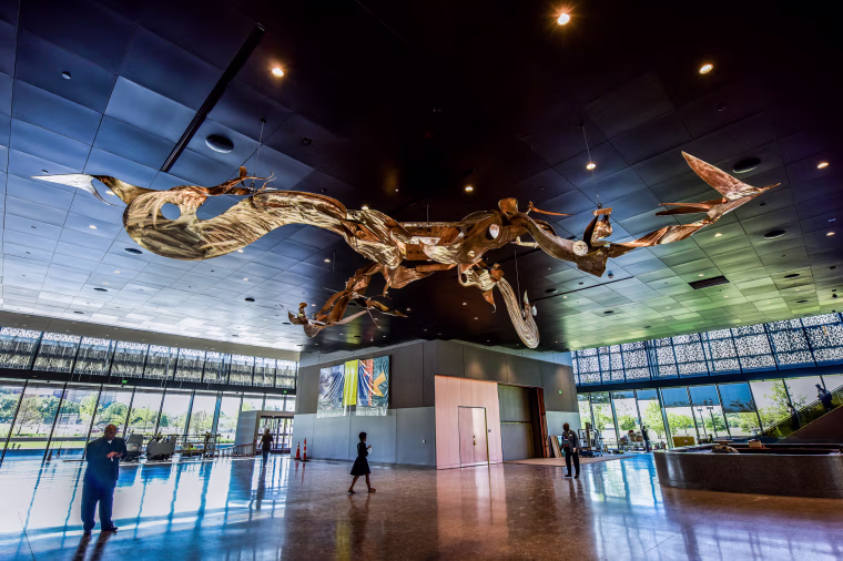 A sculpture by Richard Hunt hangs in the lobby at the Smithsonian Institute's National Museum of African American History and Culture on Sept. 14, 2016, in Washington, DC.