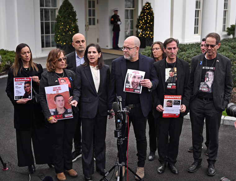 Family members of American hostages held by Hamas speak to the press outside the White House on Dec. 13, 2023, after a meeting with President Joe Biden.