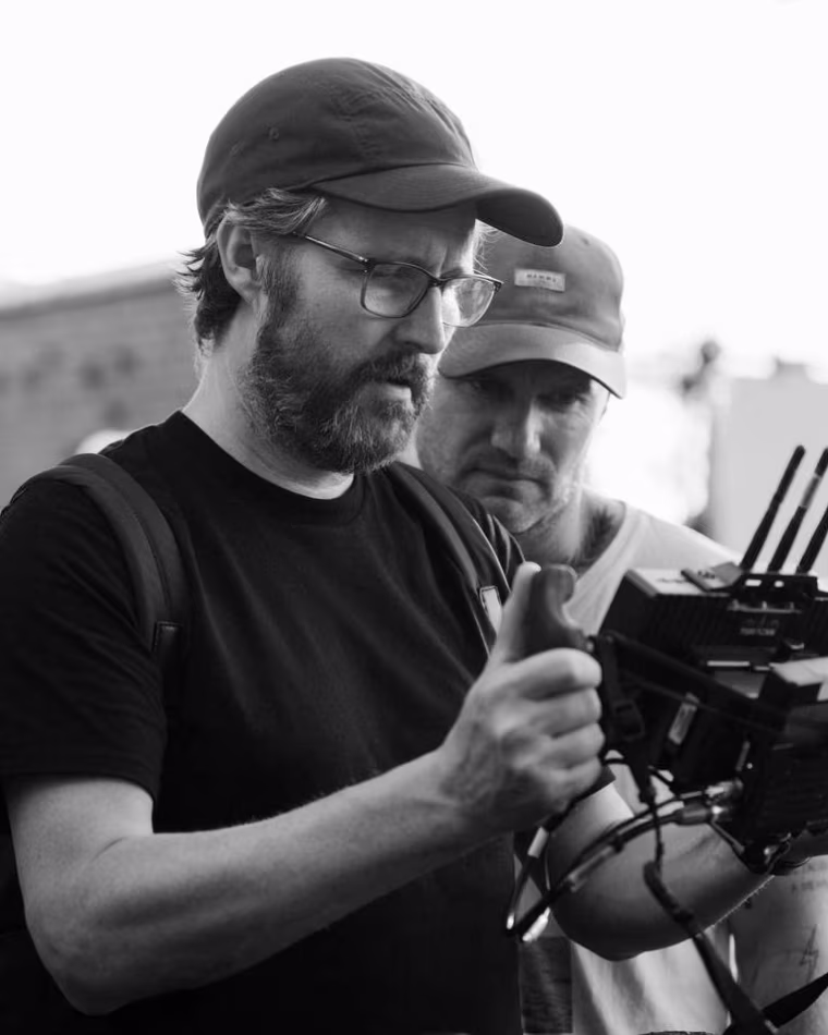 Andrew Haigh, left, on the set of "All of Us Strangers."