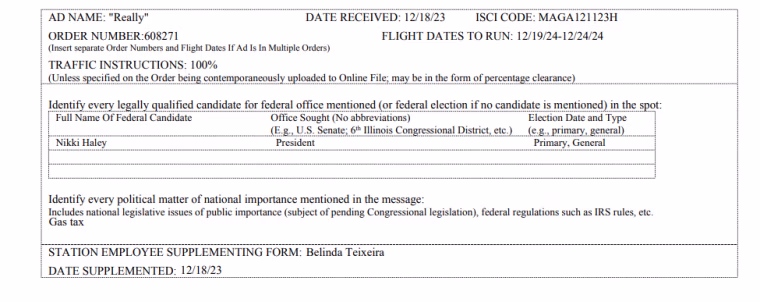 A TV ad contract for the pro-Donald Trump super PAC shows it is preparing to air an ad targeting Nikki Haley.