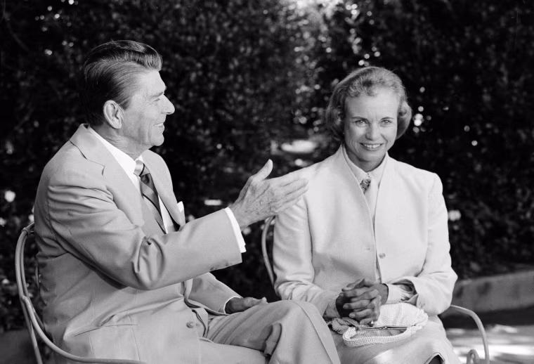 President Ronald Reagan presents his Supreme Court nominee Sandra Day O'Connor to members of the media