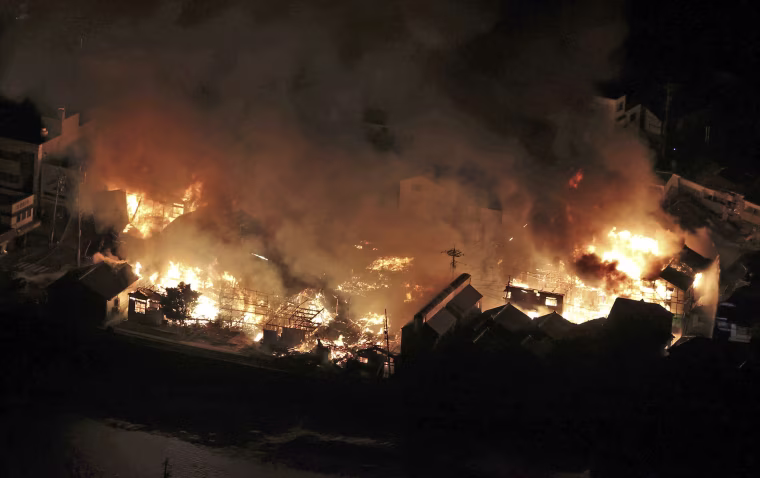 An aerial photo shows a fire due to a massive earthquake in Wajima City, Ishikawa Prefecture on Jan. 1, 2024.