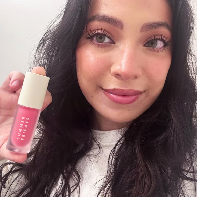 Madison San Miguel wearing Summer Fridays Dream Lip Oil in Pink Cloud