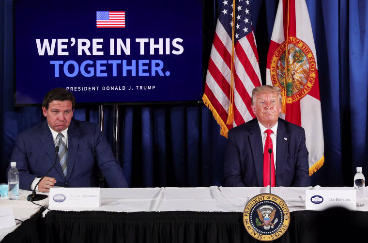 U.S. President Donald Trump holds a "COVID-19 Response and Storm Preparedness" event at the Pelican Golf Club in Belleair, Florida