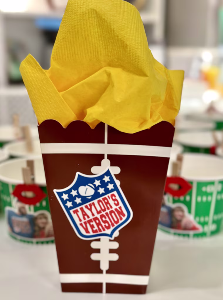 Super Bowl decoration that reads "Taylor's Version" 