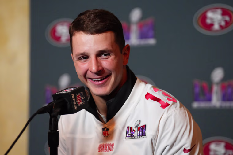 San Francisco 49ers quarterback Brock Purdy speaks to media on Feb. 8, 2024 in Henderson, Nev.