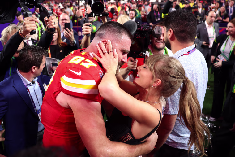 Travis Kelce of the Kansas City Chiefs celebrates with Taylor Swift after defeating the San Francisco 49ers during the 2024 Super Bowl on Feb. 11, 2024 in Las Vegas.
