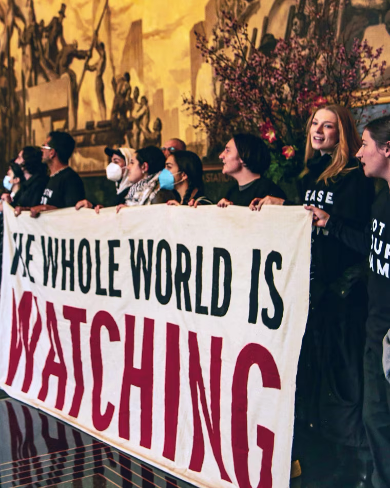 "Euphoria" star Hunter Schafer was among dozens of pro-Palestinian protesters demonstrating Monday in the lobby of 30 Rockefeller Plaza in New York.
