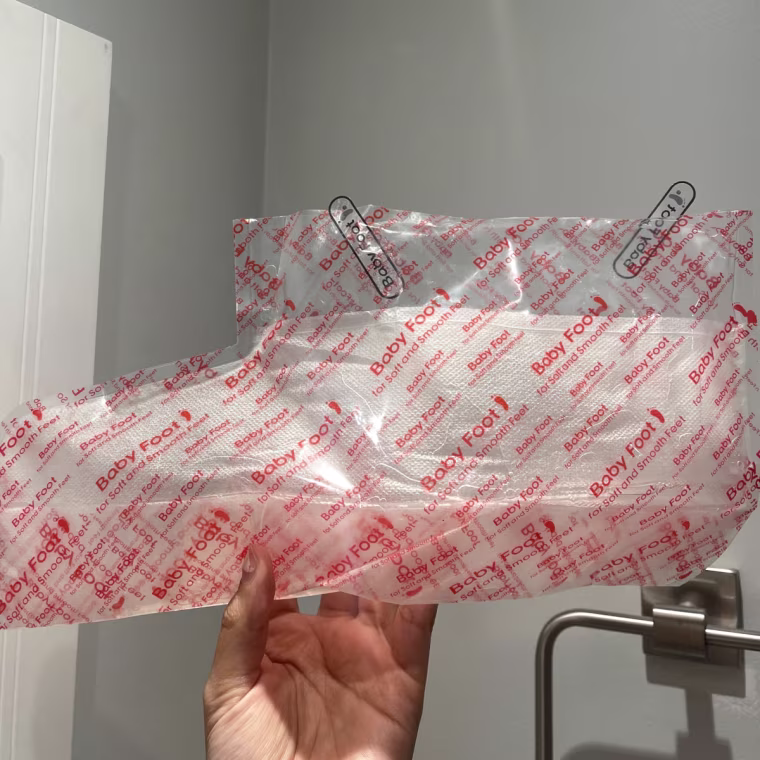 The Baby Foot bootie with the stickers that hold the boot closed.